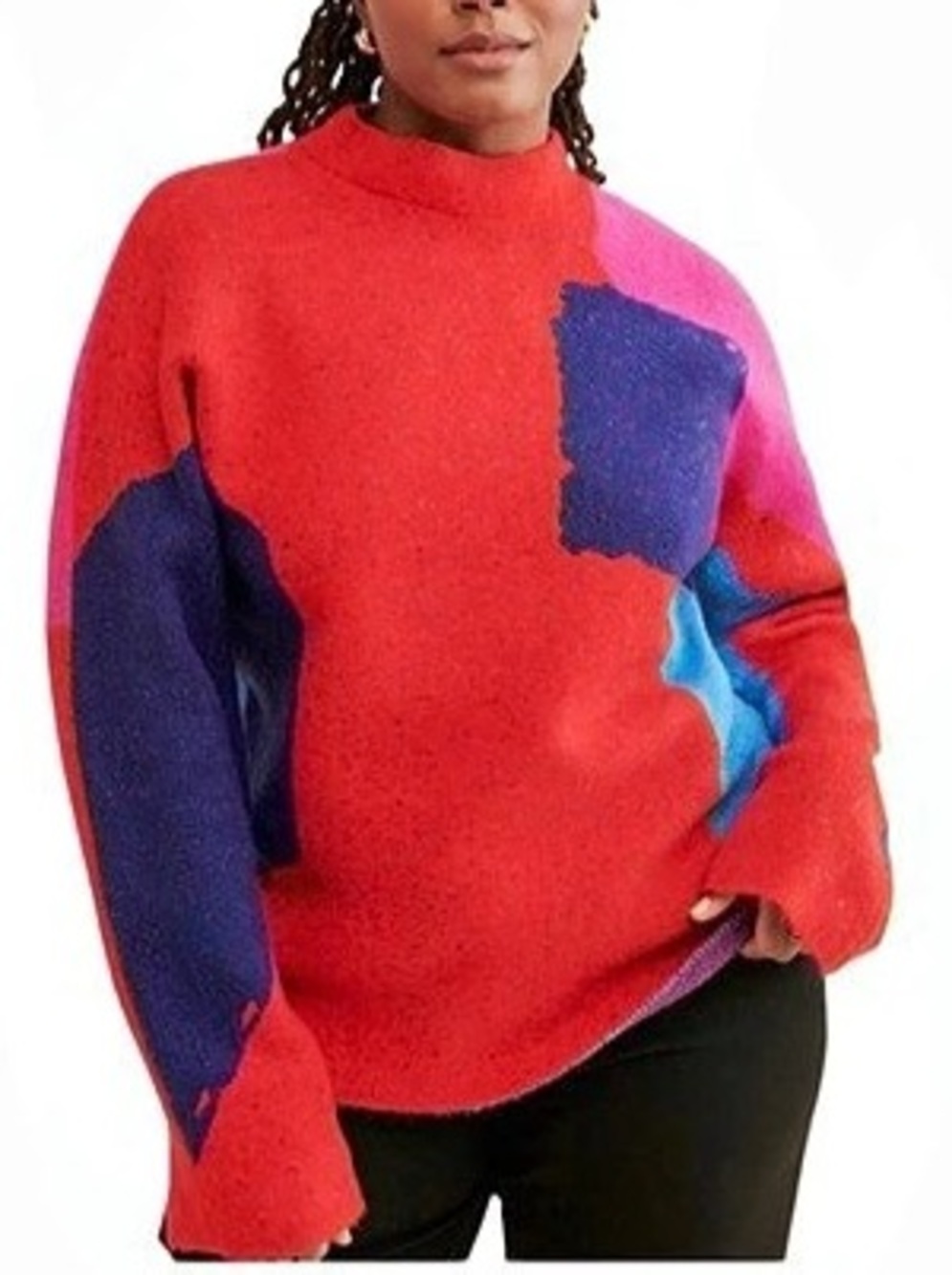 Saemdi Abstract Geo Color Block Pullover Sweater in Red & Purple XXL NWT